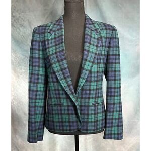 Pendleton Women's Wool Blazer Black Watch Tartan Green Blue Plaid Career Office‎